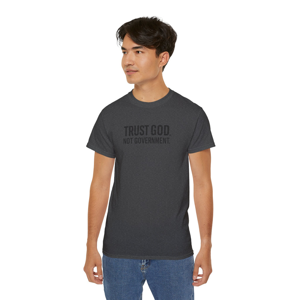 T-Shirt — "Trust God. Not Government." Patriotic American Flag Tee
