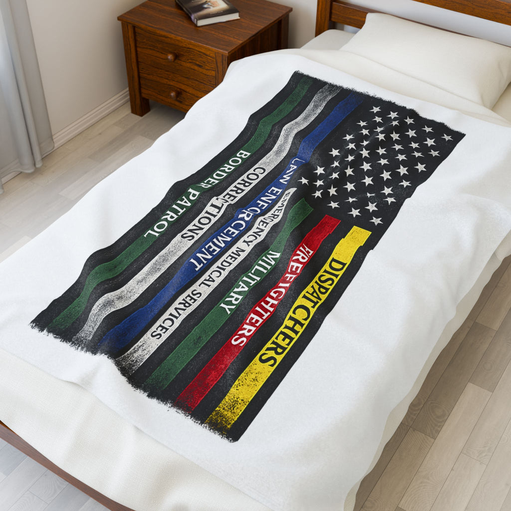 Velveteen Blanket — First Responder Thin Line Flag (Dispatchers, Firefighters, EMS, Police, Border Patrol)