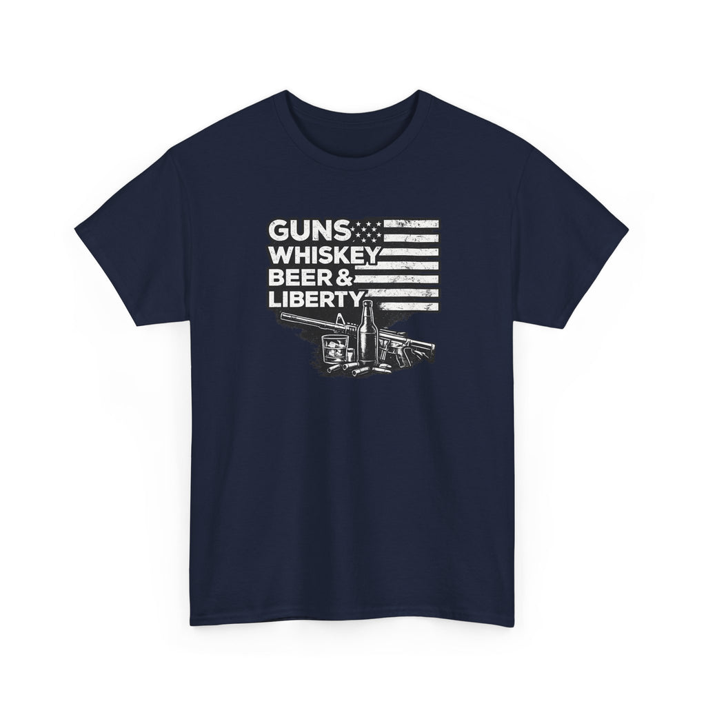 T-Shirt — "Guns, Whiskey, Beer & Liberty" Vintage Americana Design