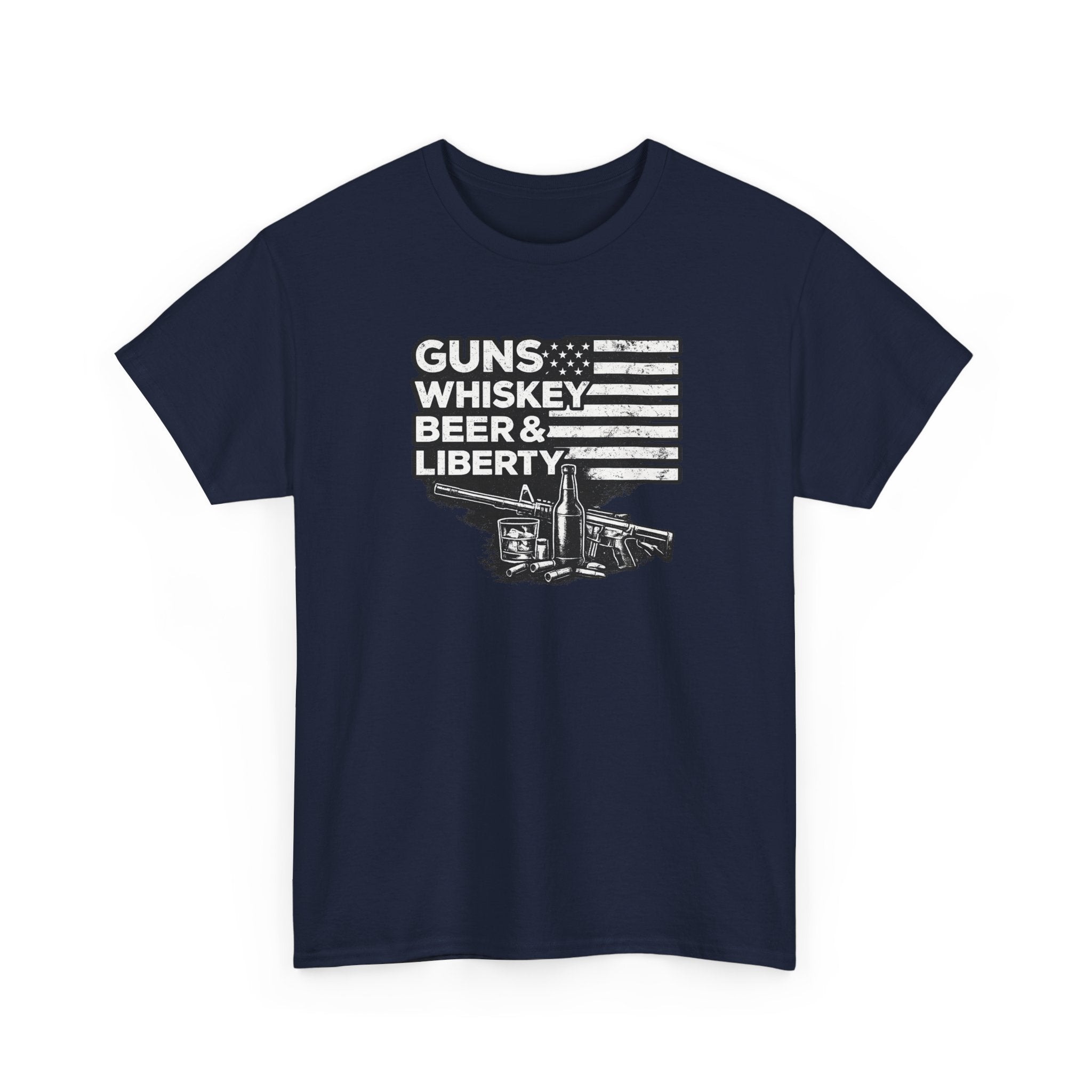 T-Shirt — "Guns, Whiskey, Beer & Liberty" Vintage Americana Design