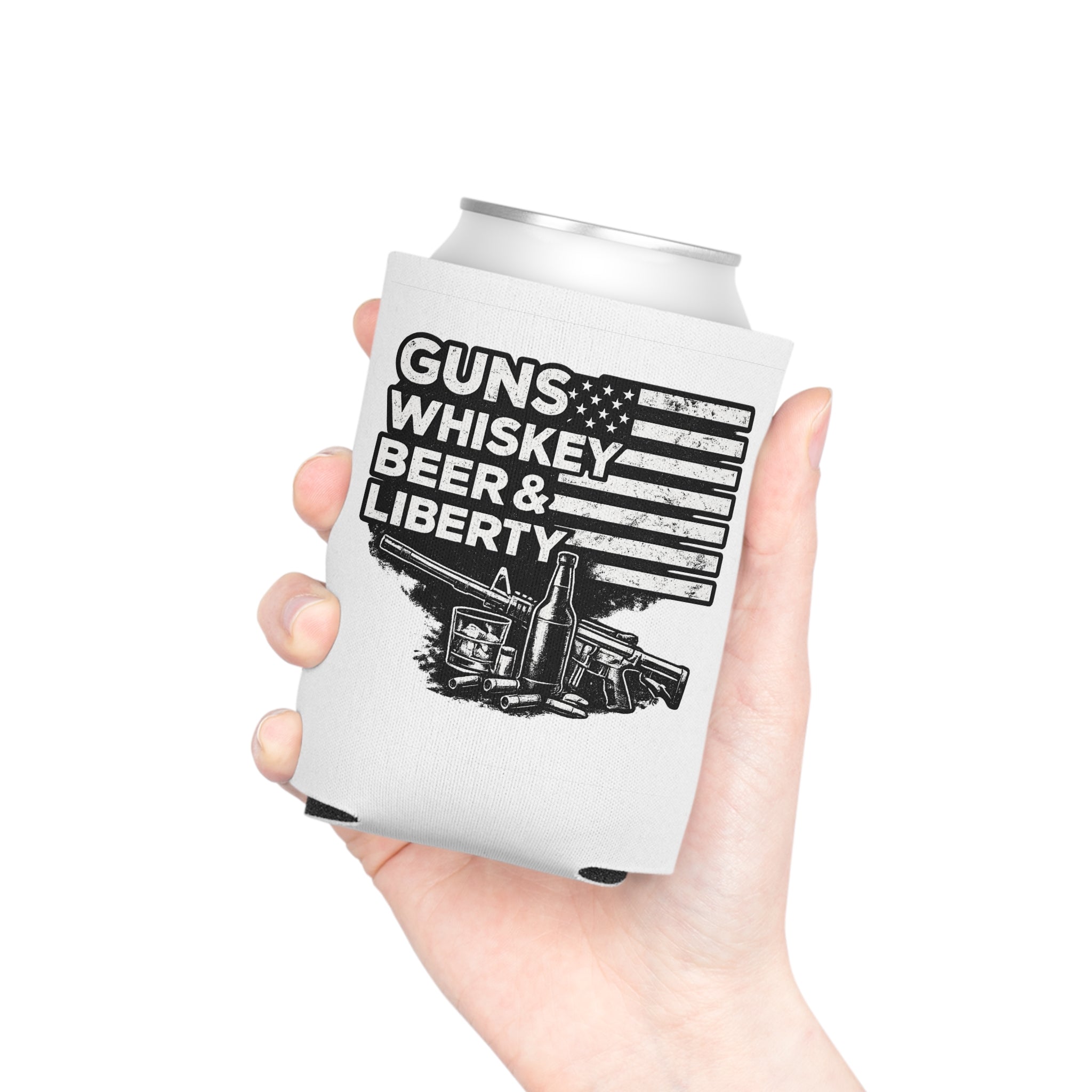 Can Cooler — "Guns Whiskey Beer & Liberty" Patriotic Outdoor Drink Koozie