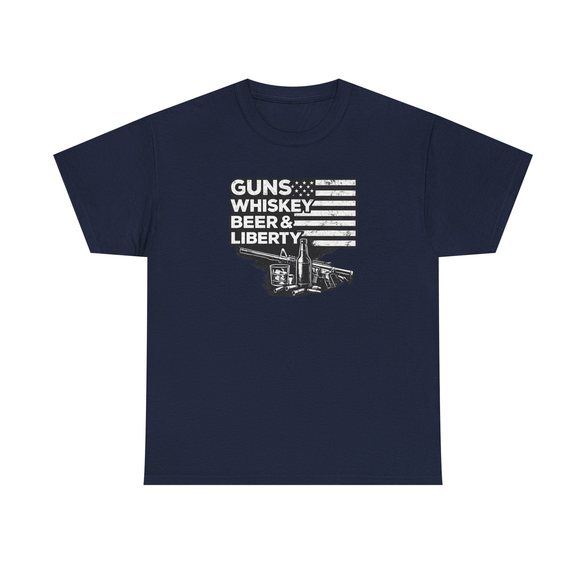 T-Shirt — "Guns, Whiskey, Beer & Liberty" Vintage Americana Design