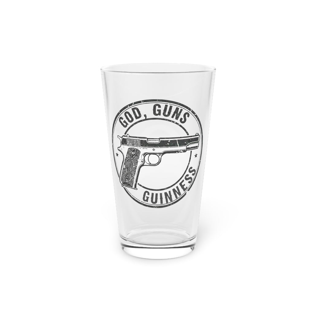 Pint Glass — God, Guns, Guinness Vintage-Style Beer Glass (16 oz)