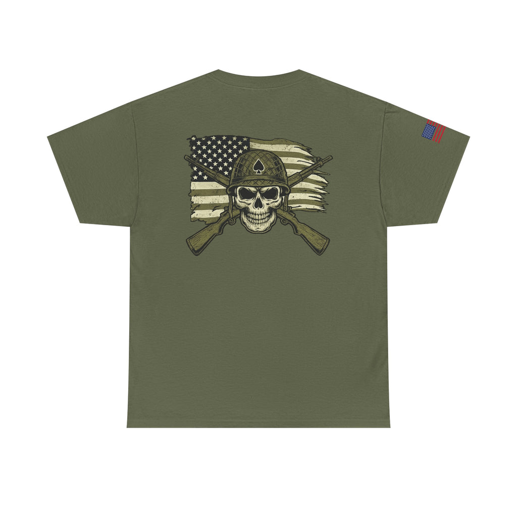 Skull Flag T-Shirt — Military Helmet, Crossed Rifles & Distressed American Flag Back Print