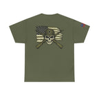 Skull Flag T-Shirt — Military Helmet, Crossed Rifles & Distressed American Flag Back Print