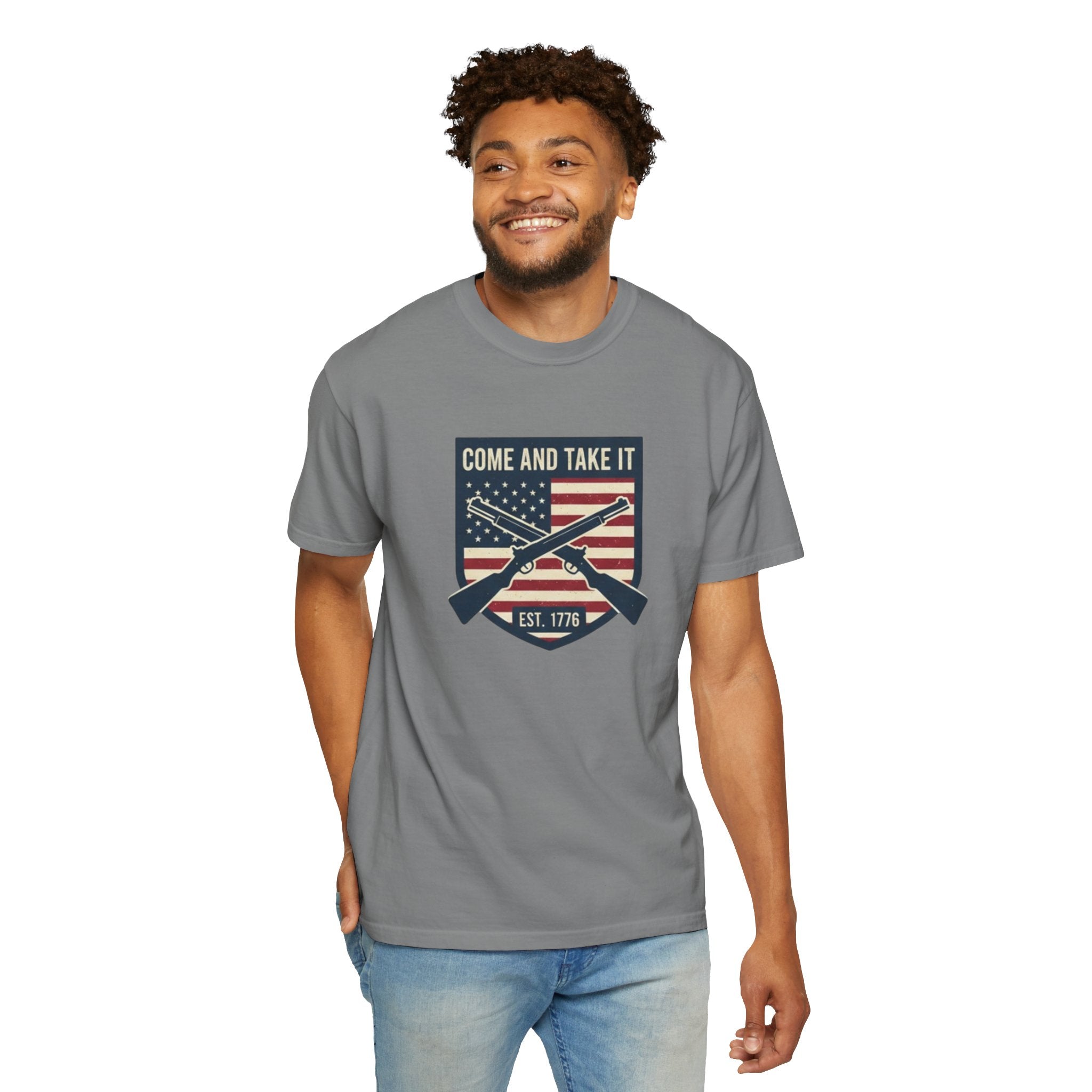 Come and Take It T-Shirt — American Flag Rifle Badge Tee