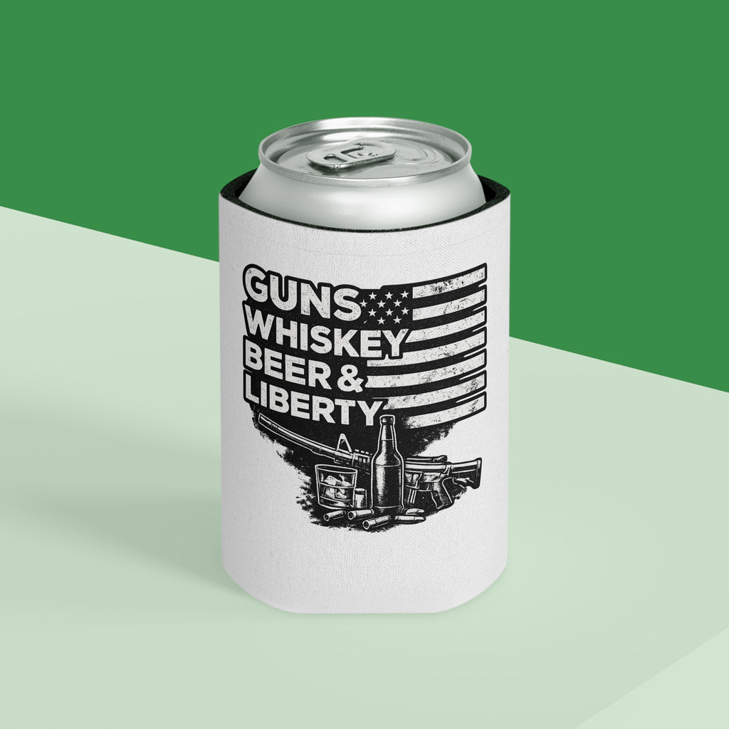 Can Cooler — "Guns Whiskey Beer & Liberty" Patriotic Outdoor Drink Koozie