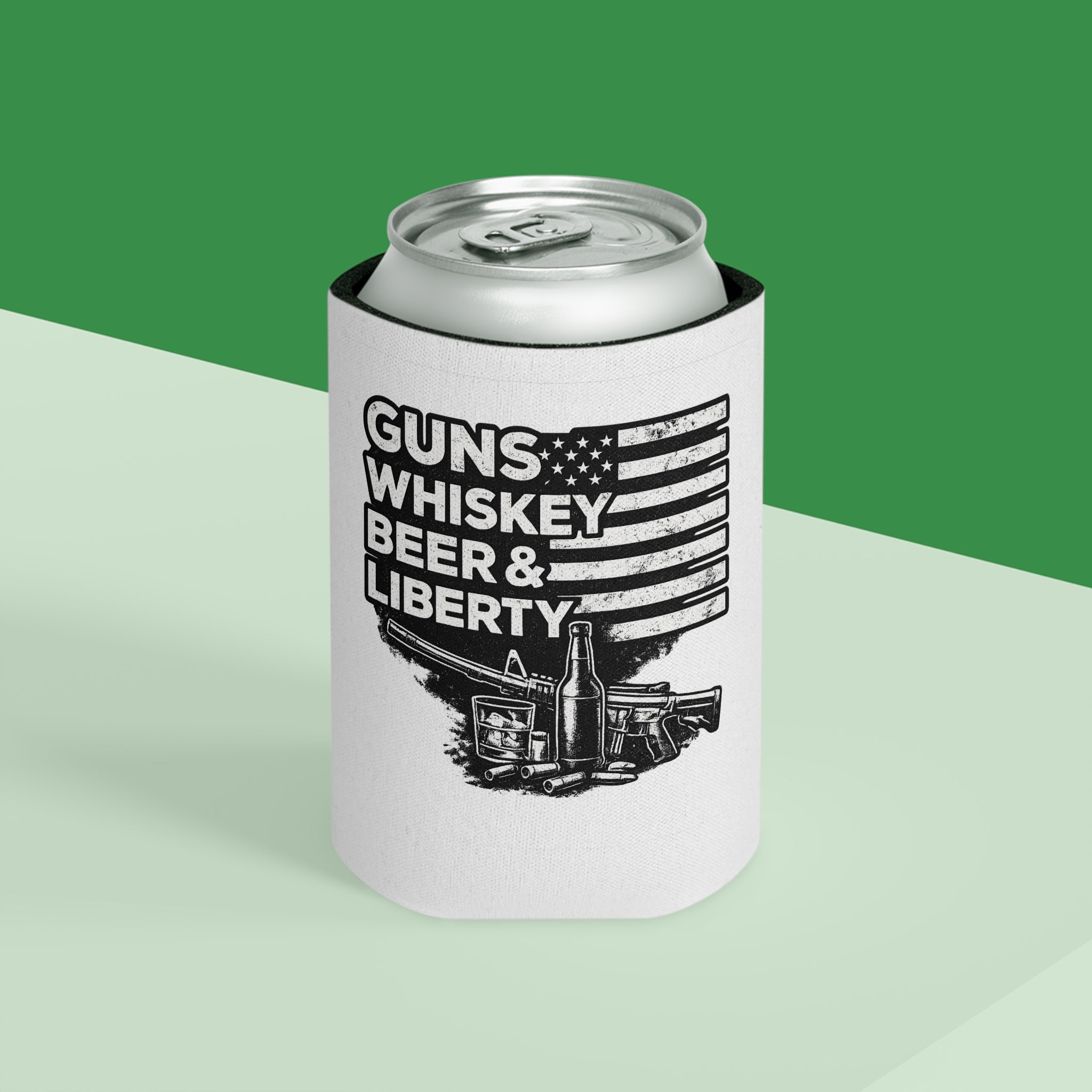 Can Cooler — "Guns Whiskey Beer & Liberty" Patriotic Outdoor Drink Koozie