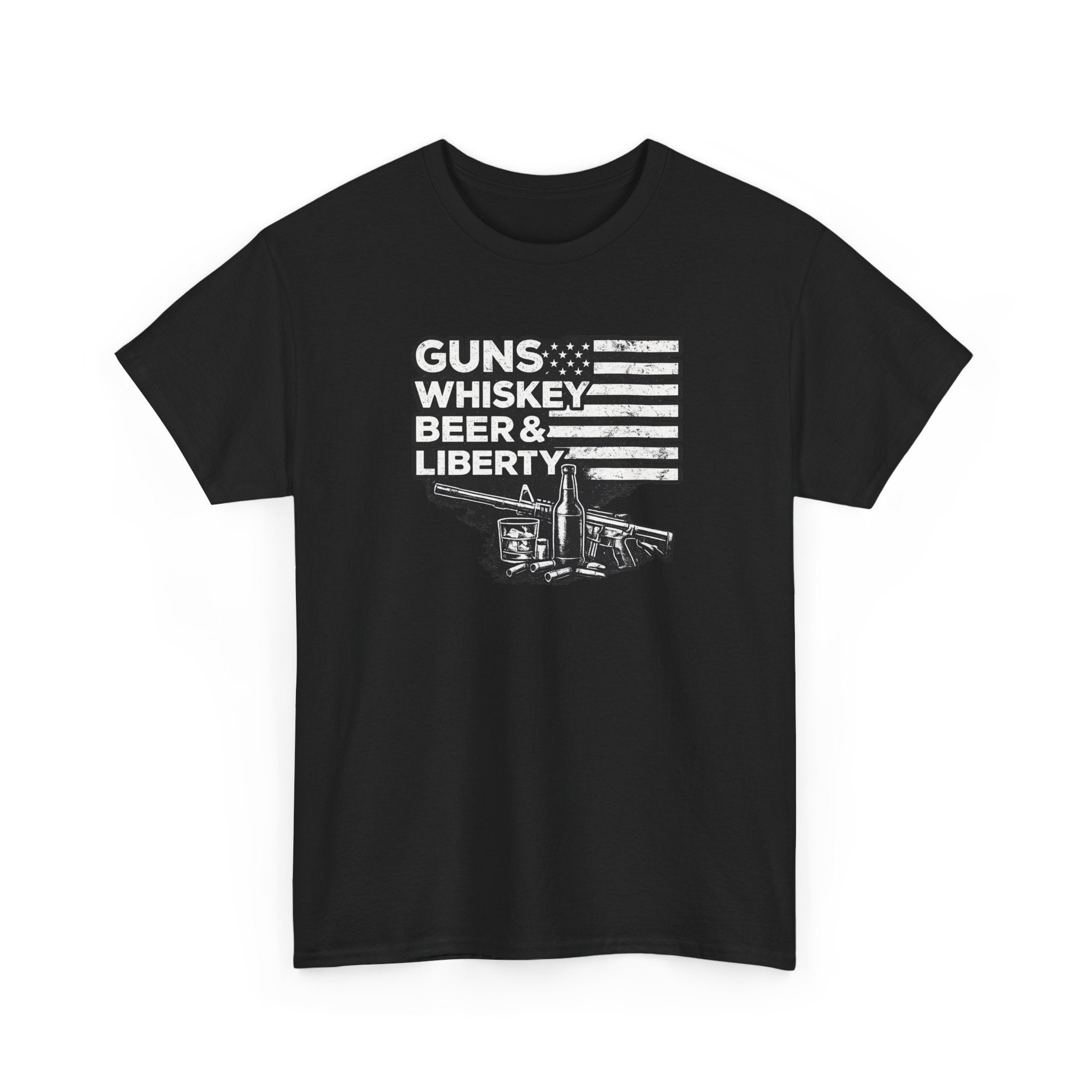 T-Shirt — "Guns, Whiskey, Beer & Liberty" Vintage Americana Design