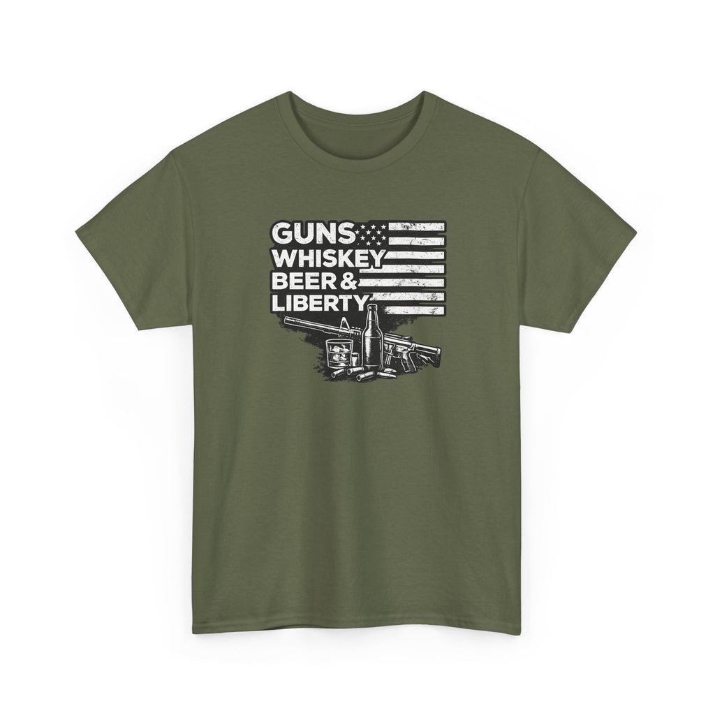 T-Shirt — "Guns, Whiskey, Beer & Liberty" Vintage Americana Design