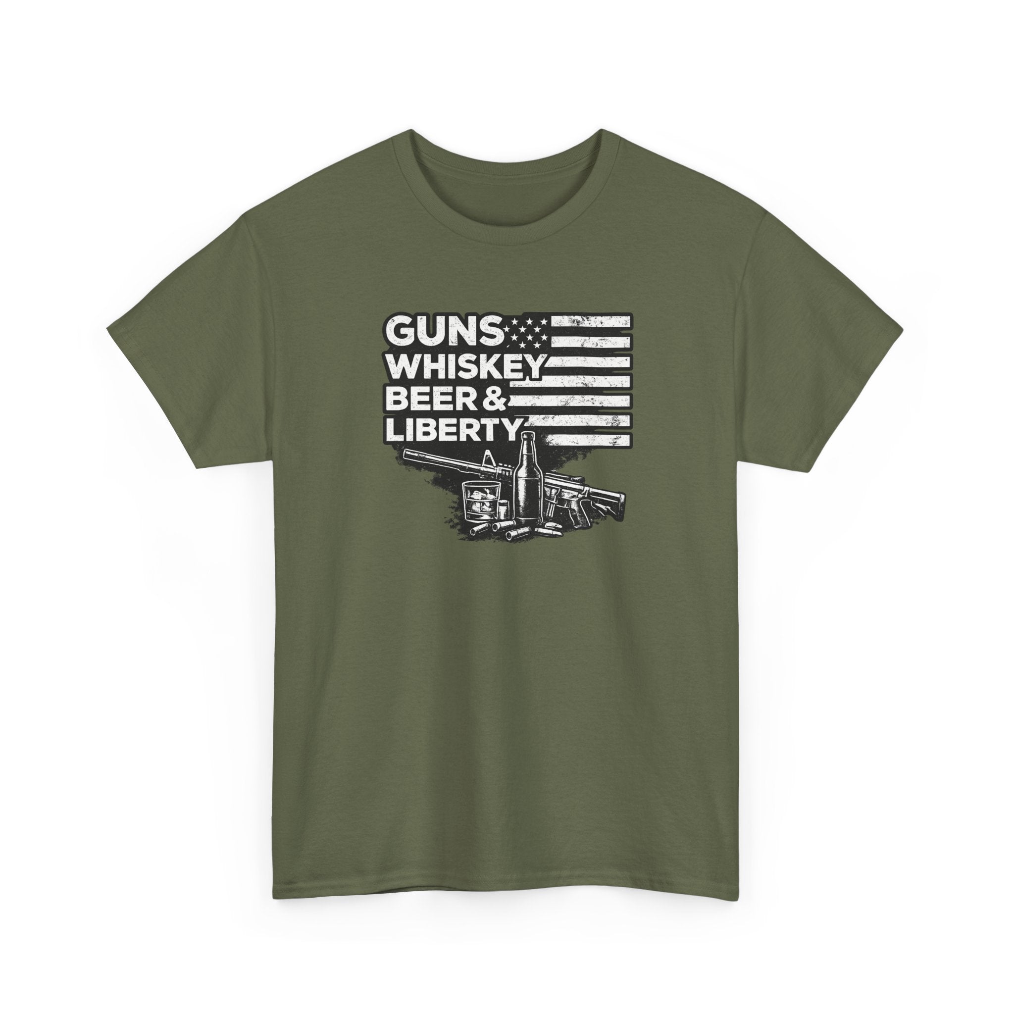 T-Shirt — "Guns, Whiskey, Beer & Liberty" Vintage Americana Design