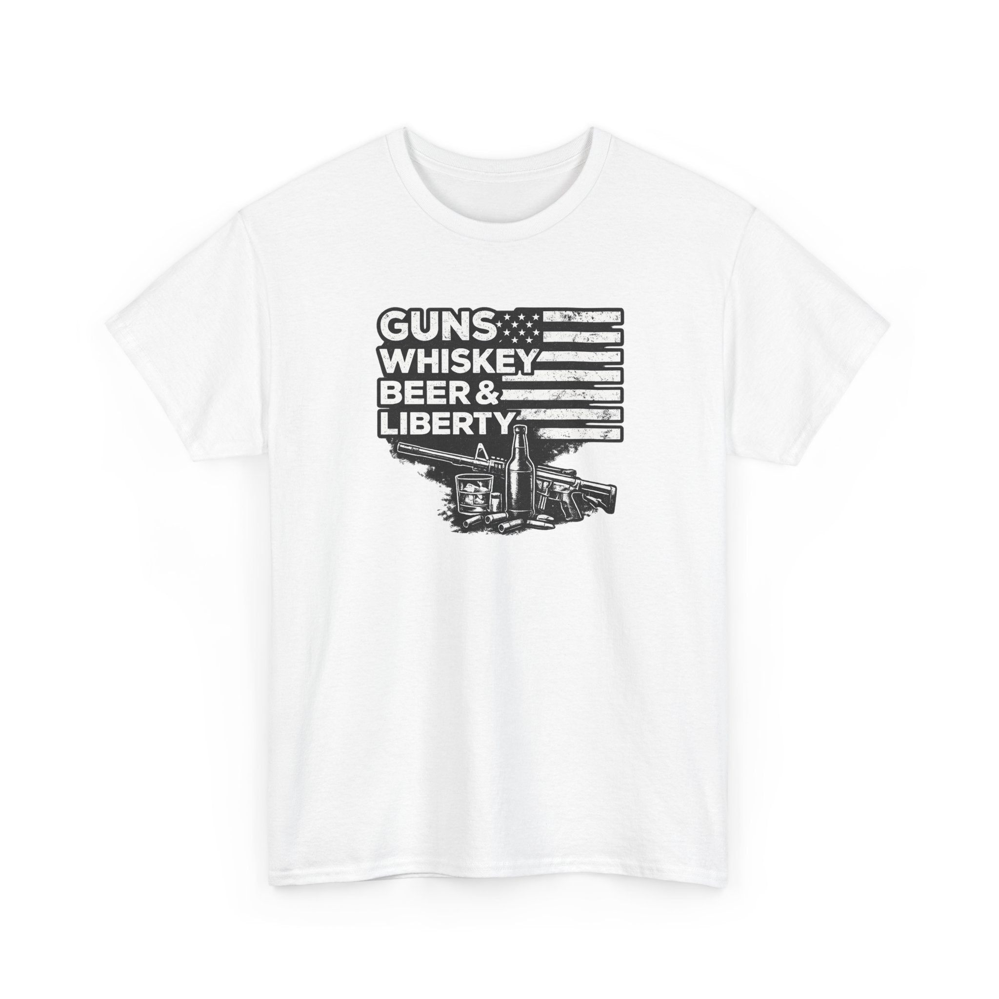 T-Shirt — "Guns, Whiskey, Beer & Liberty" Vintage Americana Design