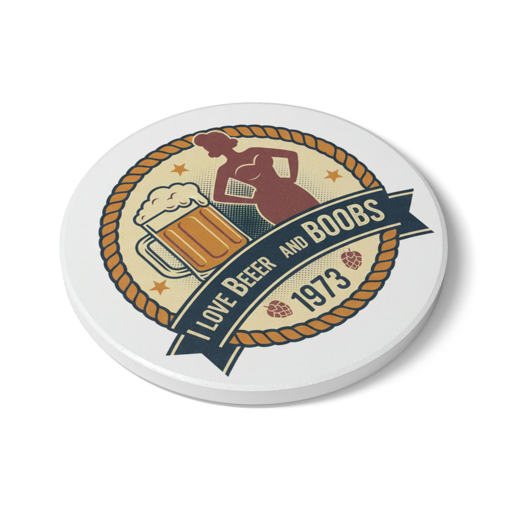 Vintage 'I Love Beer and Boobs 1973' Ceramic Coaster – Retro Bar & Man Cave Drink Mat