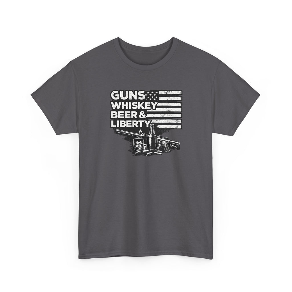 T-Shirt — "Guns, Whiskey, Beer & Liberty" Vintage Americana Design