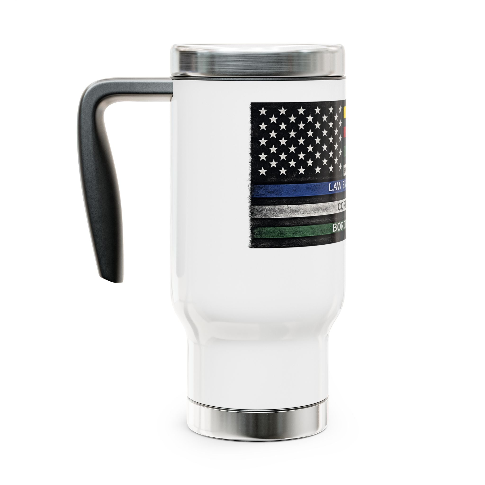 First Responder Tribute Travel Mug – Thin Line Flag for Dispatchers, Firefighters, EMS, Law Enforcement & Border Patrol (14oz)