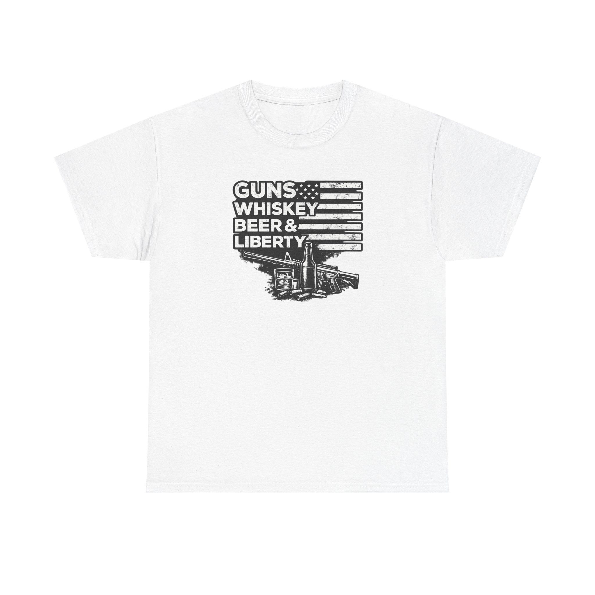 T-Shirt — "Guns, Whiskey, Beer & Liberty" Vintage Americana Design