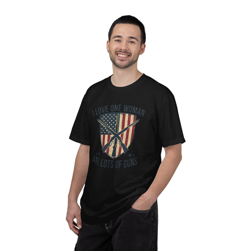 I Love One Woman And Lots Of Guns T-Shirt — American Flag Shield Patriotic Gun Lover Tee