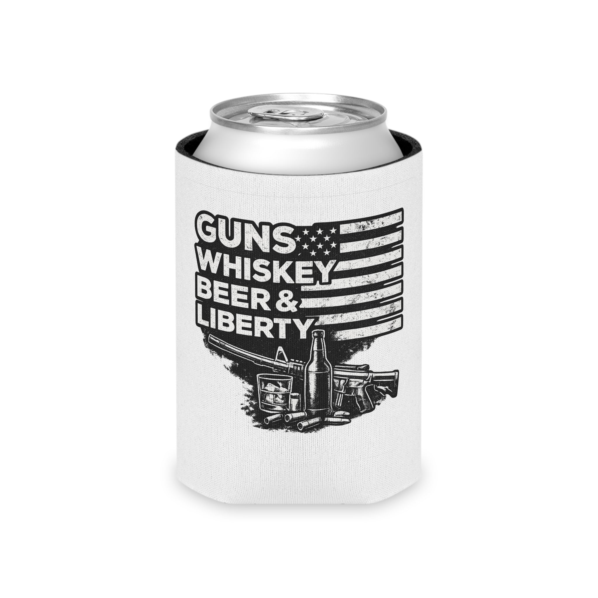 Can Cooler — "Guns Whiskey Beer & Liberty" Patriotic Outdoor Drink Koozie