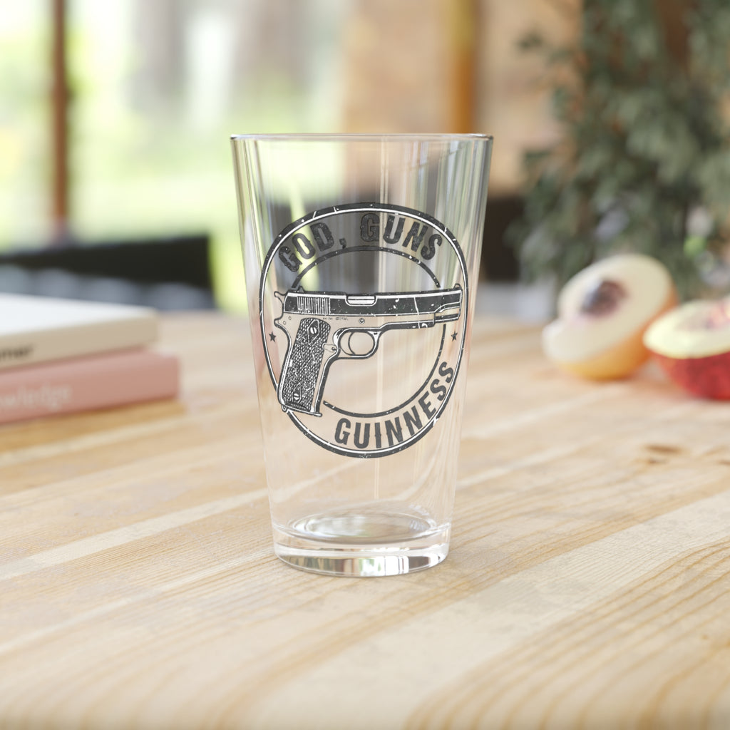 Pint Glass — God, Guns, Guinness Vintage-Style Beer Glass (16 oz)