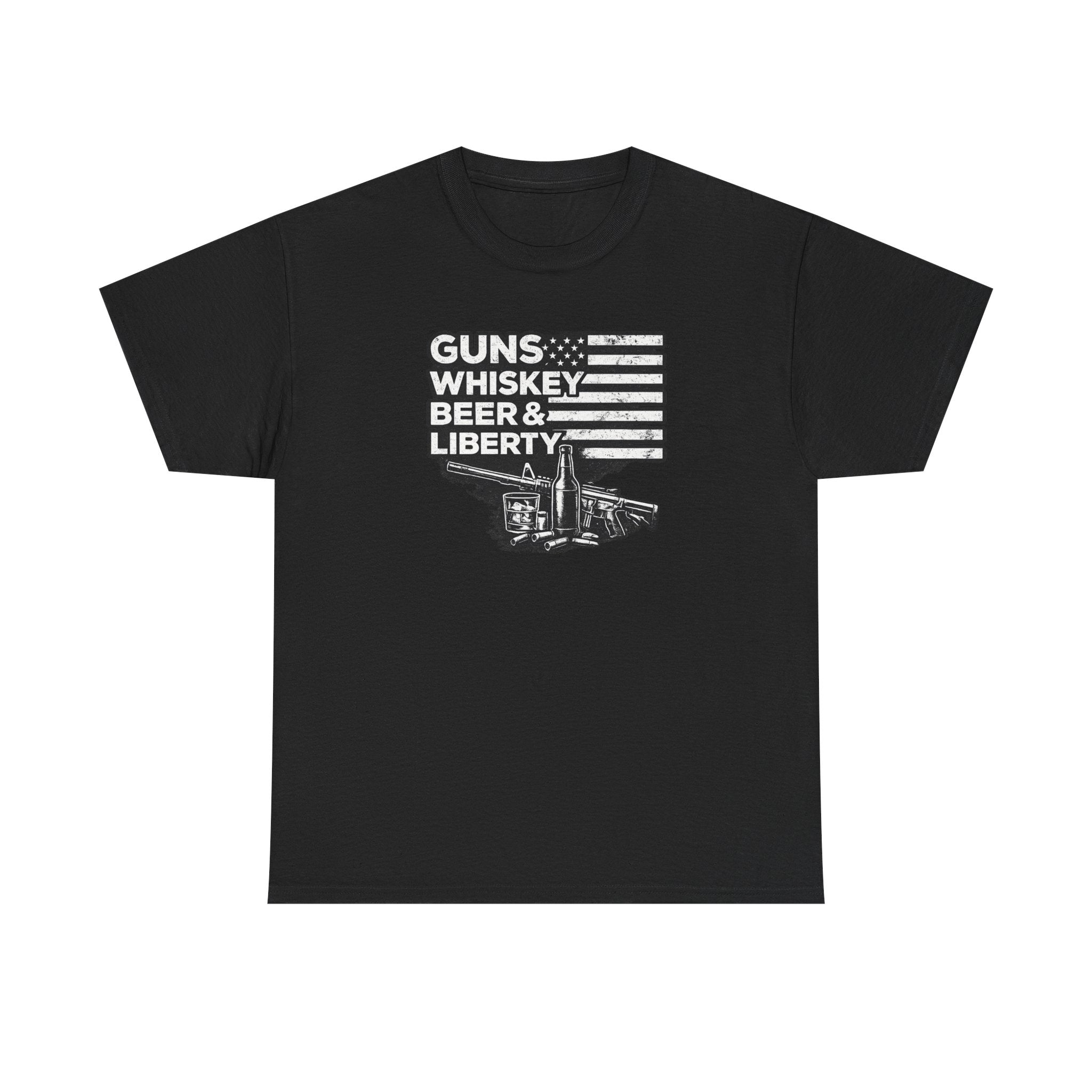 T-Shirt — "Guns, Whiskey, Beer & Liberty" Vintage Americana Design