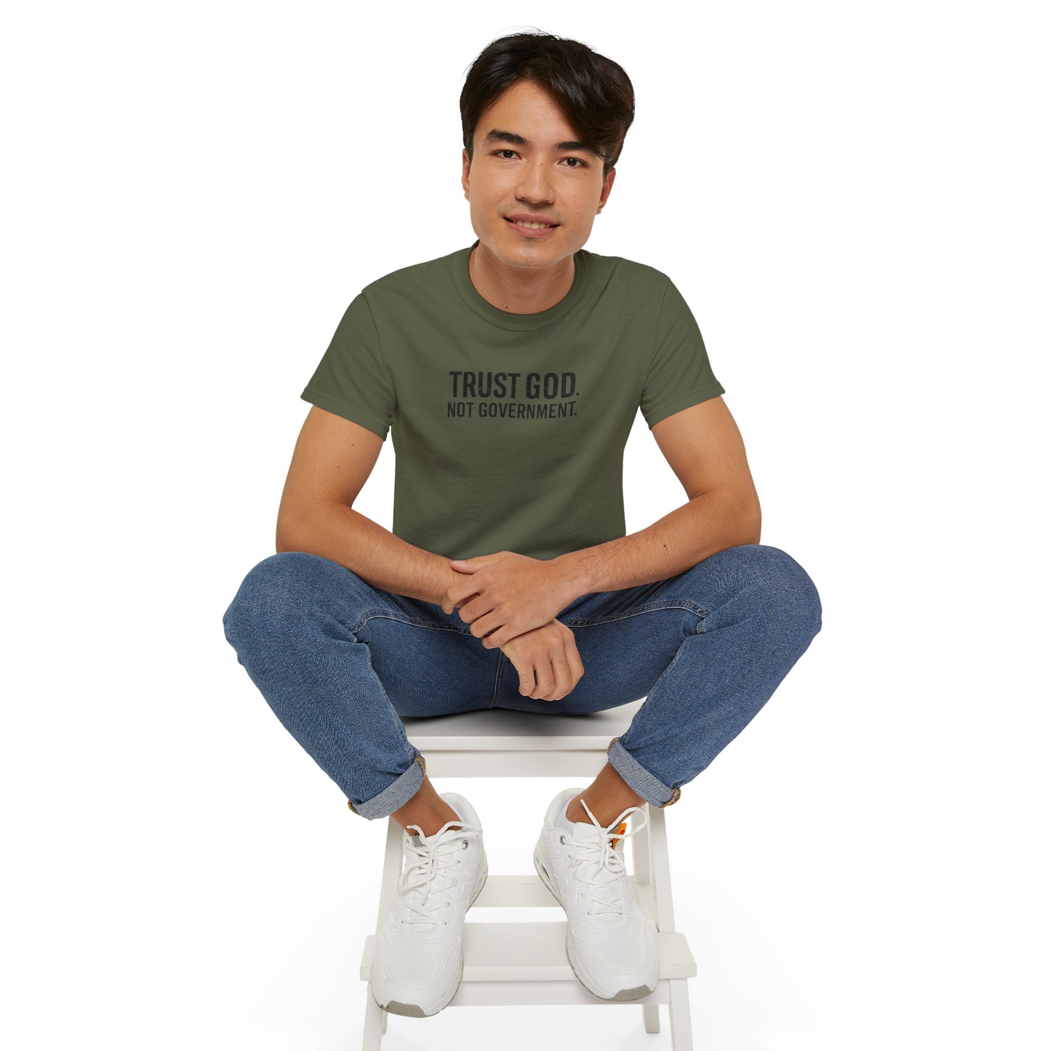 T-Shirt — "Trust God. Not Government." Patriotic American Flag Tee