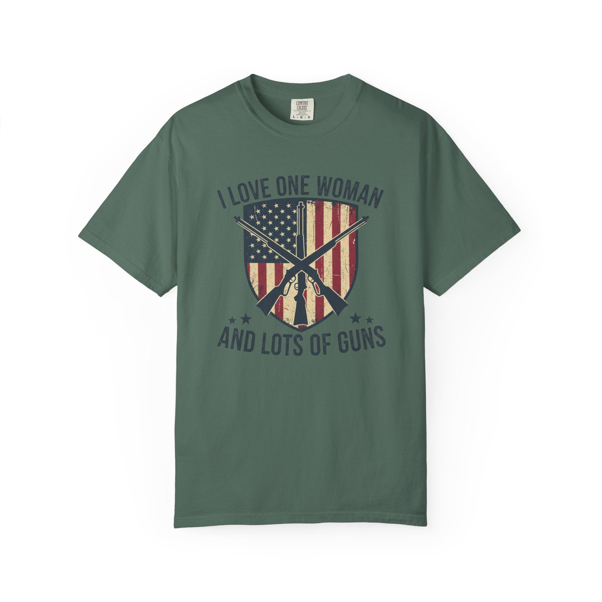 I Love One Woman And Lots Of Guns T-Shirt — American Flag Shield Patriotic Gun Lover Tee