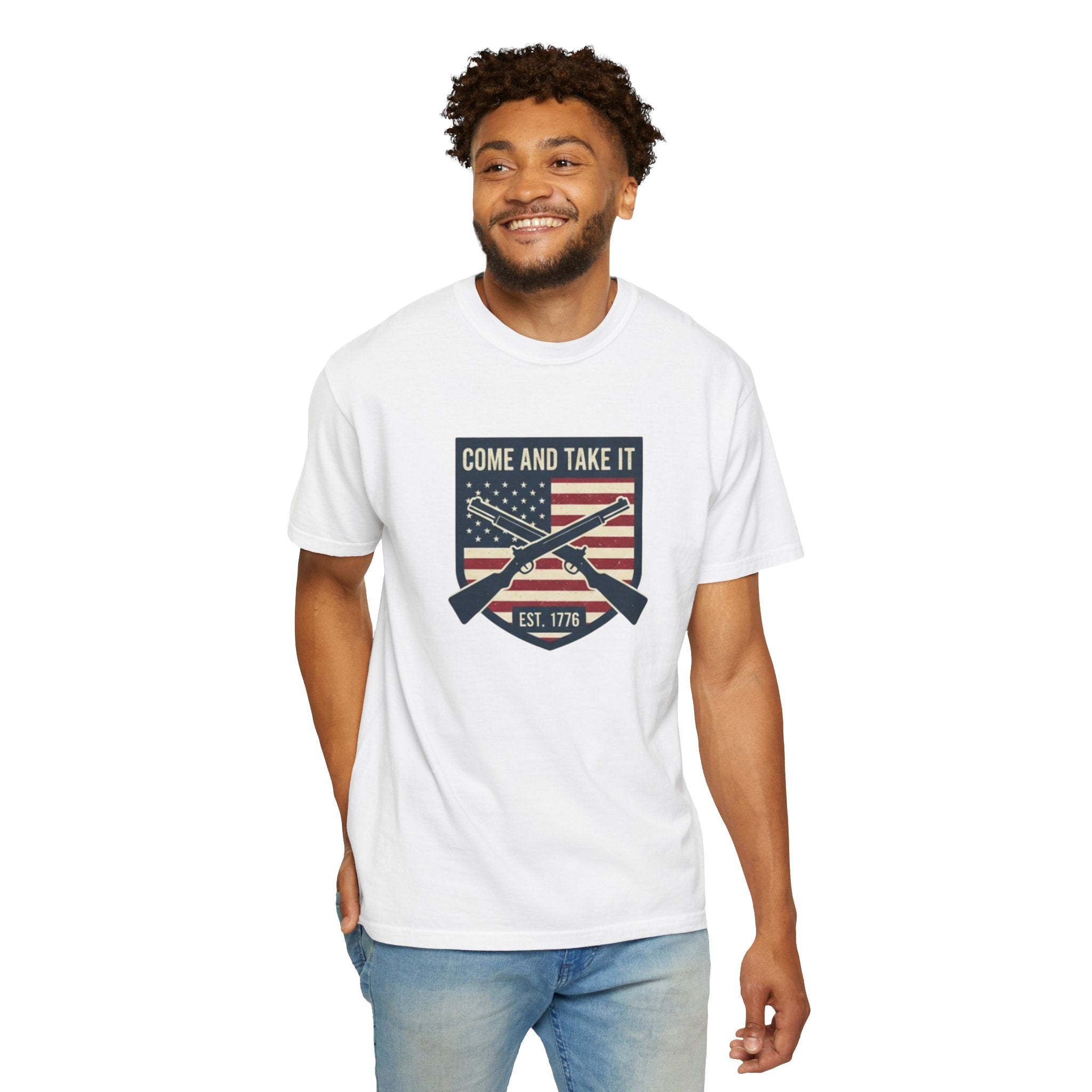 Come and Take It T-Shirt — American Flag Rifle Badge Tee