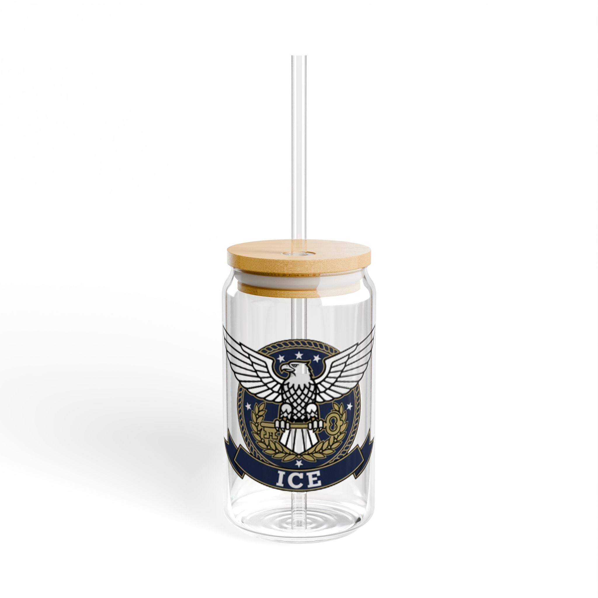 16oz Eagle Crest Sipper Glass with Bamboo Lid & Straw - Patriotic ICE Emblem