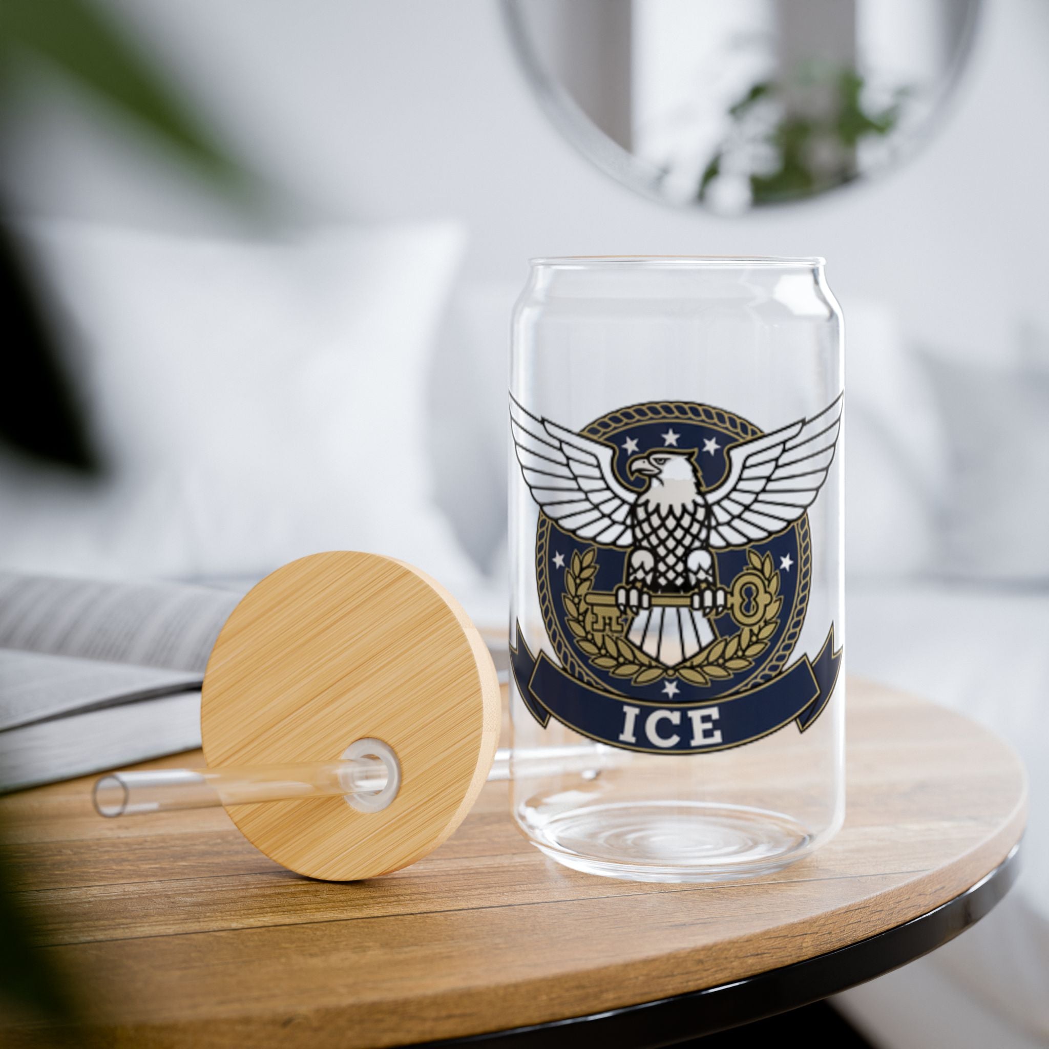 16oz Eagle Crest Sipper Glass with Bamboo Lid & Straw - Patriotic ICE Emblem