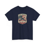 Patriotic Rifle Shield T‑Shirt — "Proud American Protect What’s Yours"