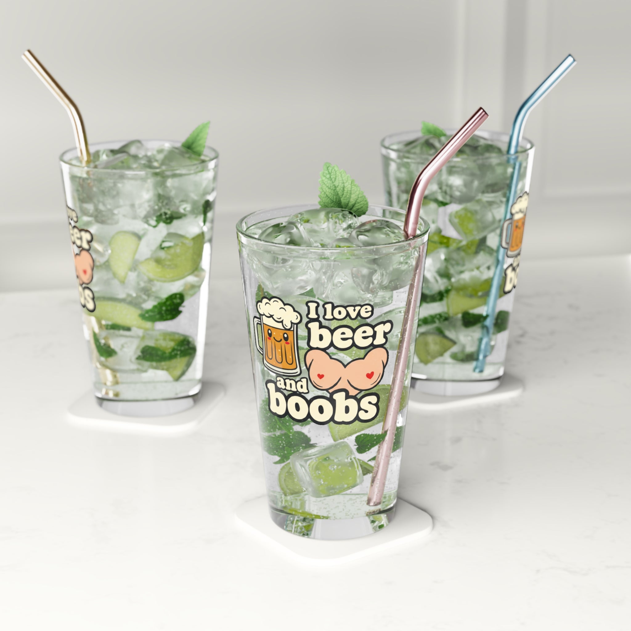Pint Glass - "I Love Beer and Boobs" Funny 16oz Beer Glass