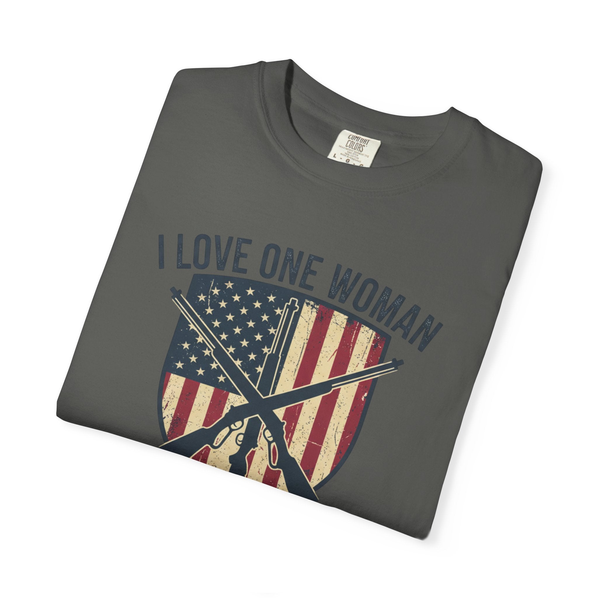 I Love One Woman And Lots Of Guns T-Shirt — American Flag Shield Patriotic Gun Lover Tee