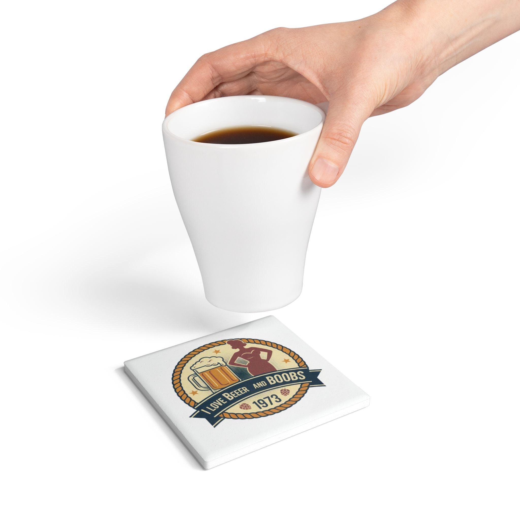 Vintage 'I Love Beer and Boobs 1973' Ceramic Coaster – Retro Bar & Man Cave Drink Mat