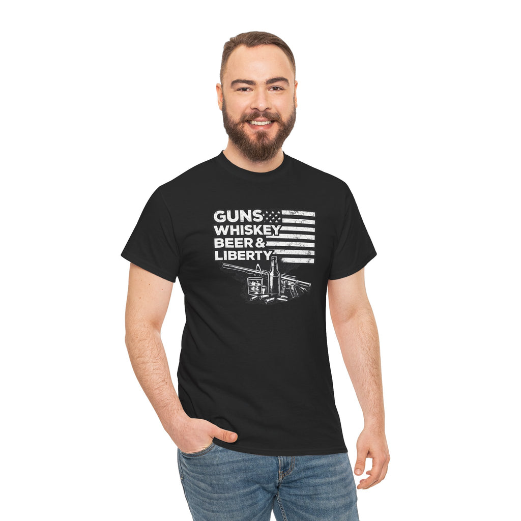 T-Shirt — "Guns, Whiskey, Beer & Liberty" Vintage Americana Design