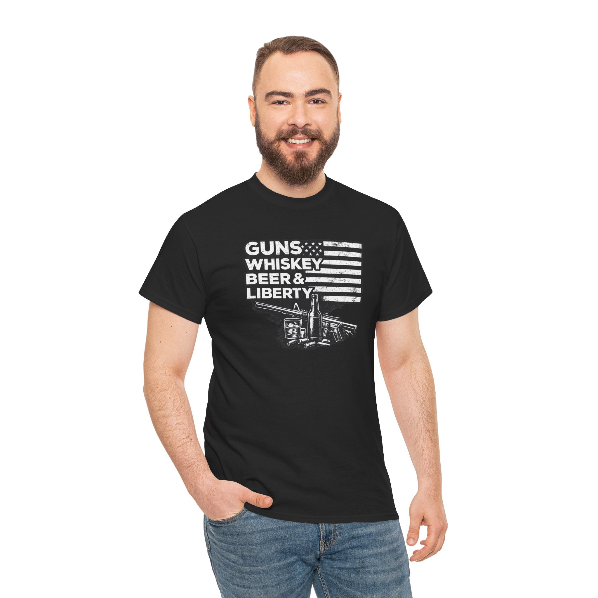 T-Shirt — "Guns, Whiskey, Beer & Liberty" Vintage Americana Design