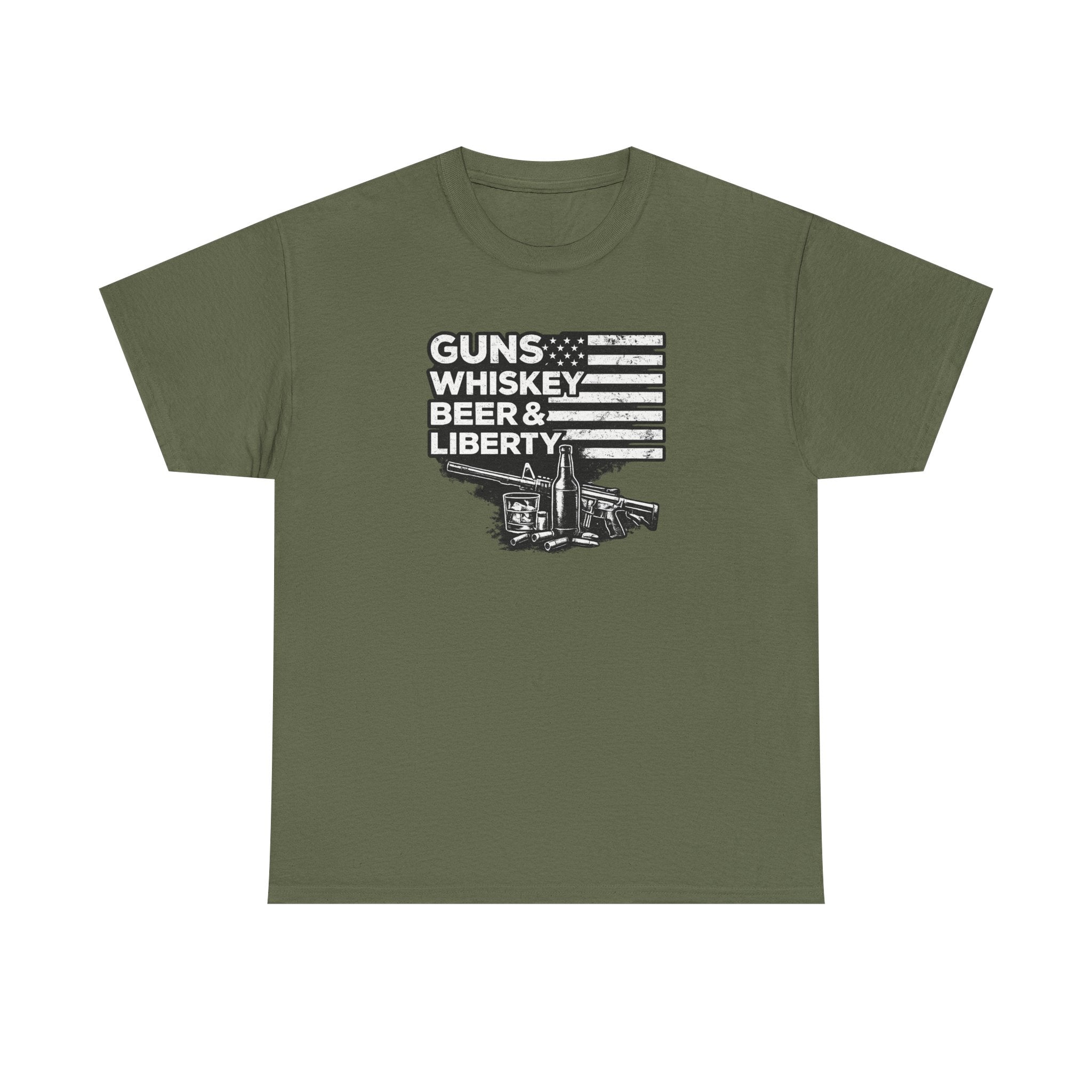 T-Shirt — "Guns, Whiskey, Beer & Liberty" Vintage Americana Design