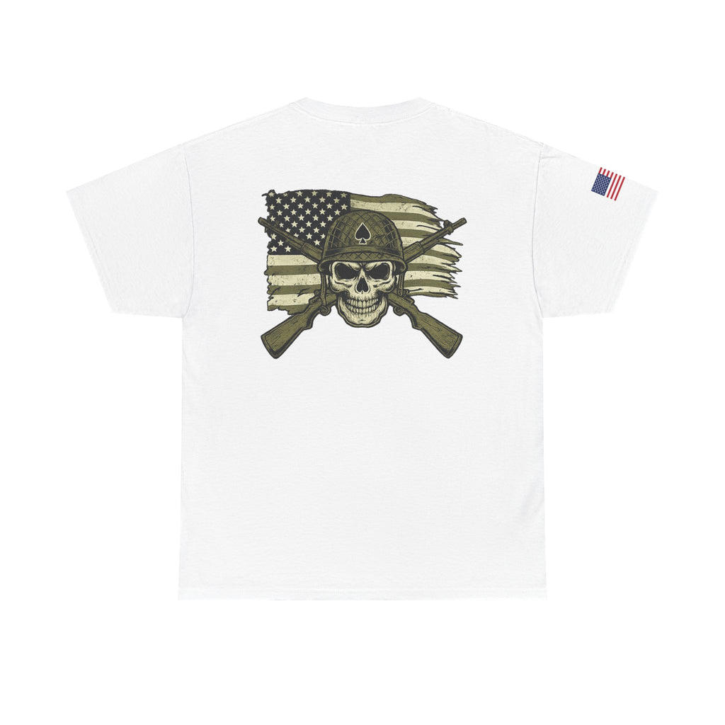 Skull Flag T-Shirt — Military Helmet, Crossed Rifles & Distressed American Flag Back Print