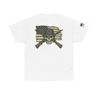 Skull Flag T-Shirt — Military Helmet, Crossed Rifles & Distressed American Flag Back Print