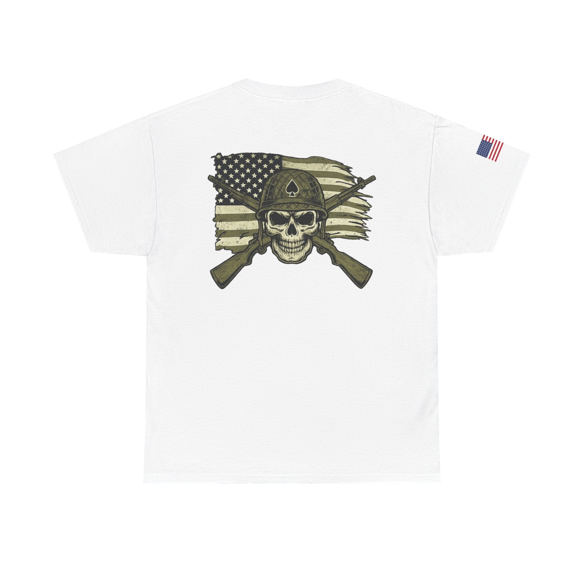 Skull Flag T-Shirt — Military Helmet, Crossed Rifles & Distressed American Flag Back Print