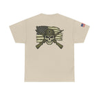 Skull Flag T-Shirt — Military Helmet, Crossed Rifles & Distressed American Flag Back Print