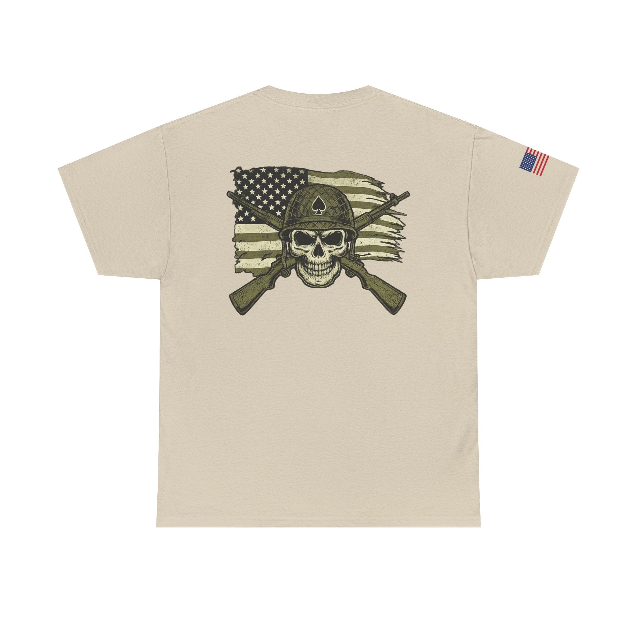 Skull Flag T-Shirt — Military Helmet, Crossed Rifles & Distressed American Flag Back Print