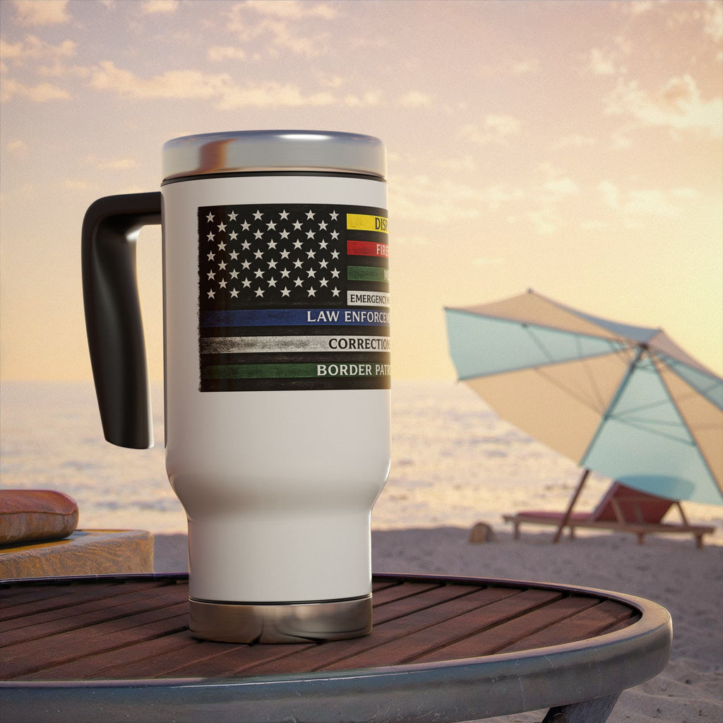 First Responder Tribute Travel Mug – Thin Line Flag for Dispatchers, Firefighters, EMS, Law Enforcement & Border Patrol (14oz)