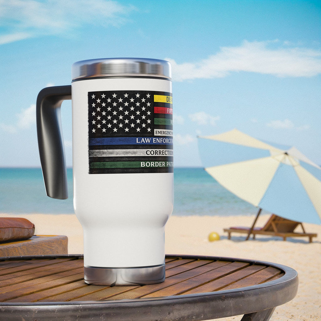 First Responder Tribute Travel Mug – Thin Line Flag for Dispatchers, Firefighters, EMS, Law Enforcement & Border Patrol (14oz)