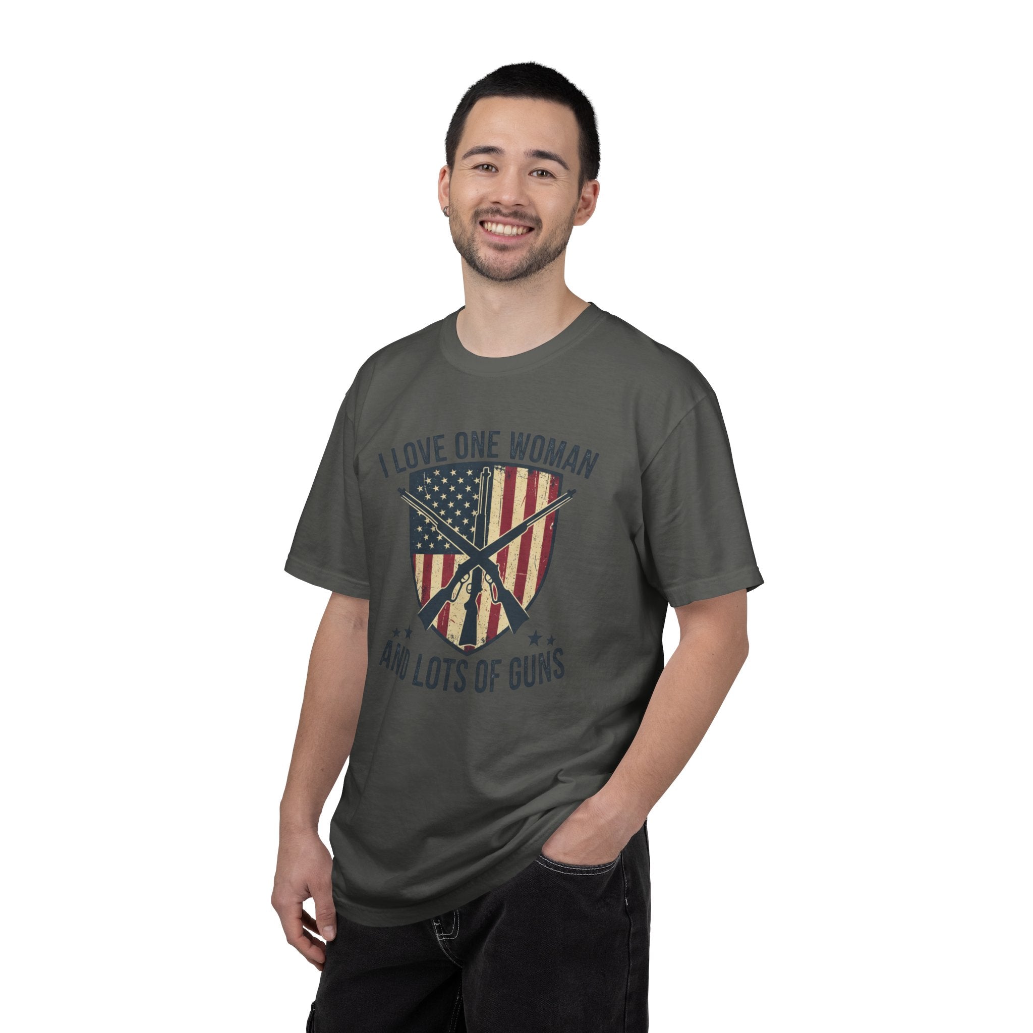 I Love One Woman And Lots Of Guns T-Shirt — American Flag Shield Patriotic Gun Lover Tee