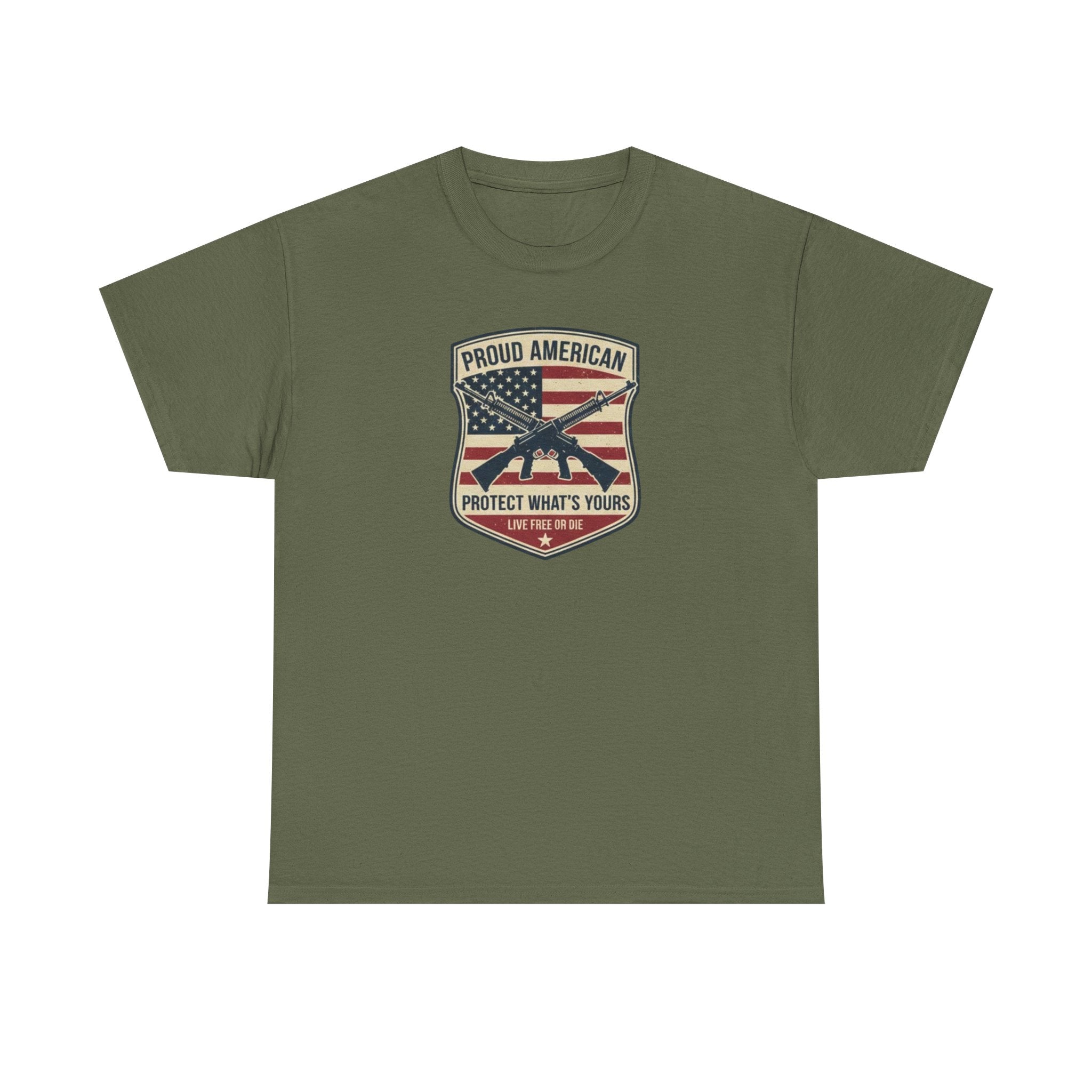 Patriotic Rifle Shield T‑Shirt — "Proud American Protect What’s Yours"