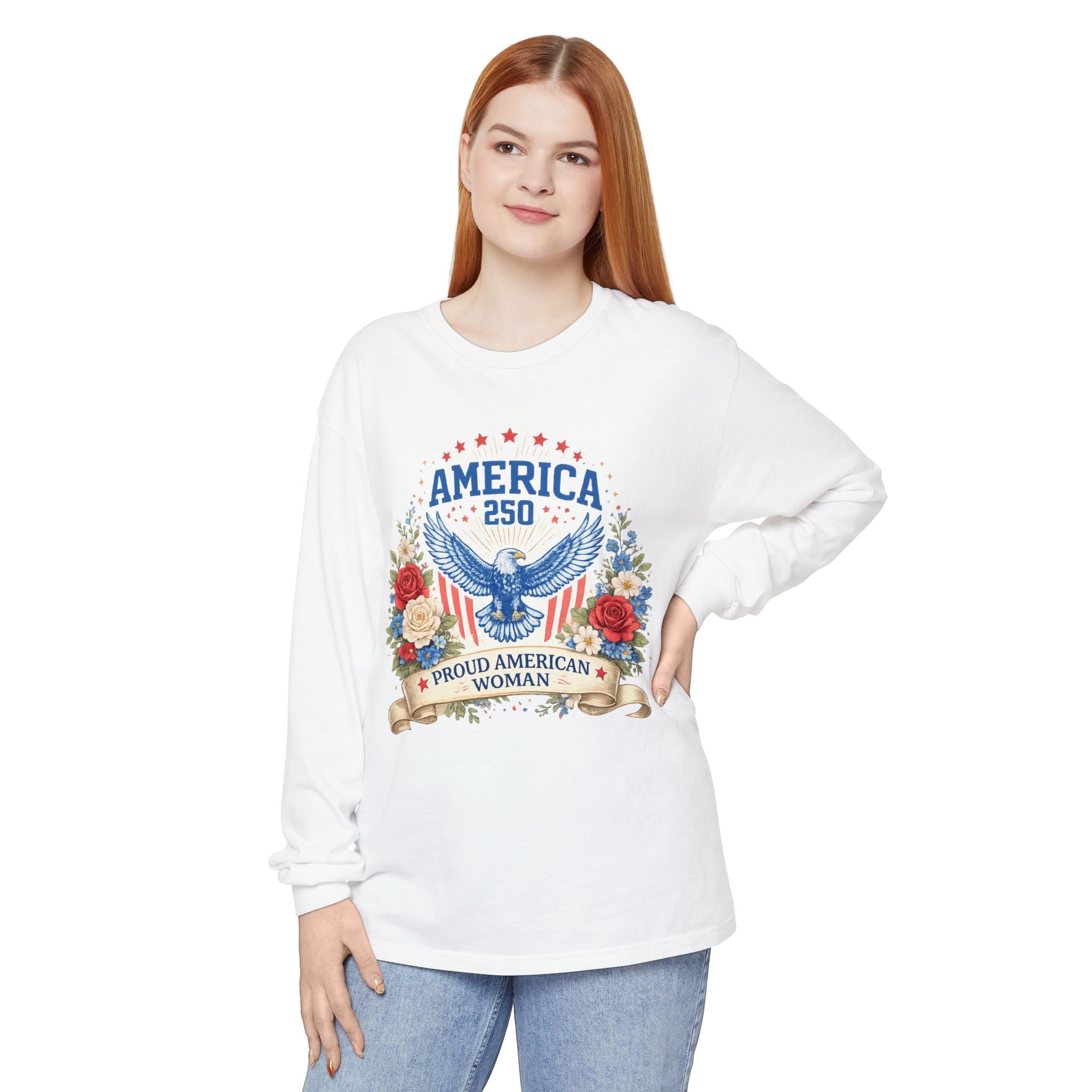 America 250 Long Sleeve T-Shirt — Proud American Woman Patriotic Tee
