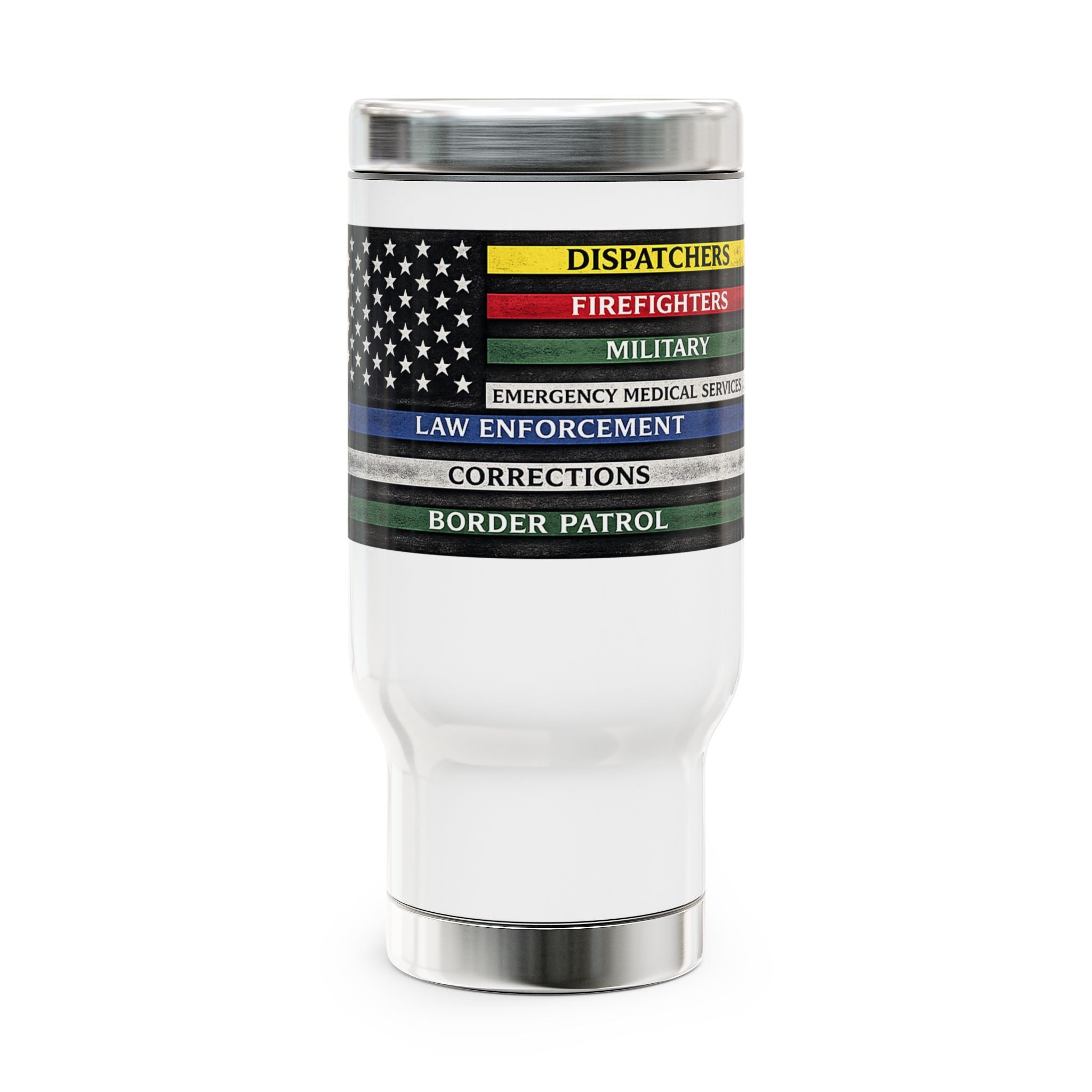 First Responder Tribute Travel Mug – Thin Line Flag for Dispatchers, Firefighters, EMS, Law Enforcement & Border Patrol (14oz)