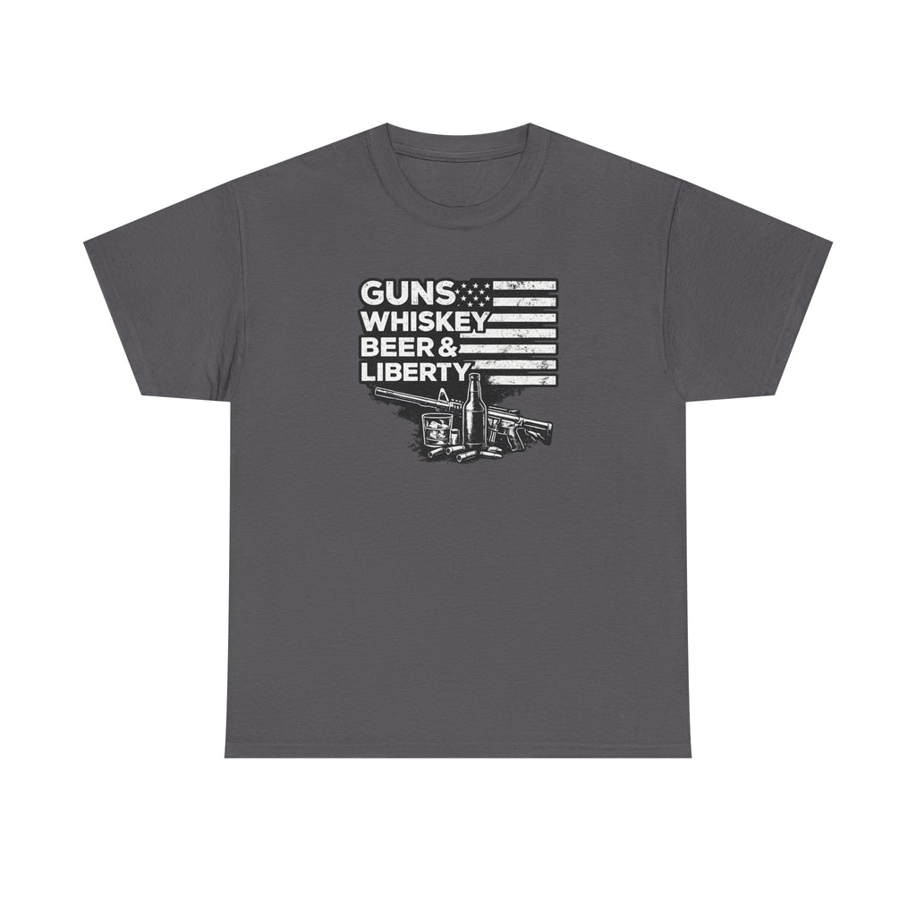 T-Shirt — "Guns, Whiskey, Beer & Liberty" Vintage Americana Design