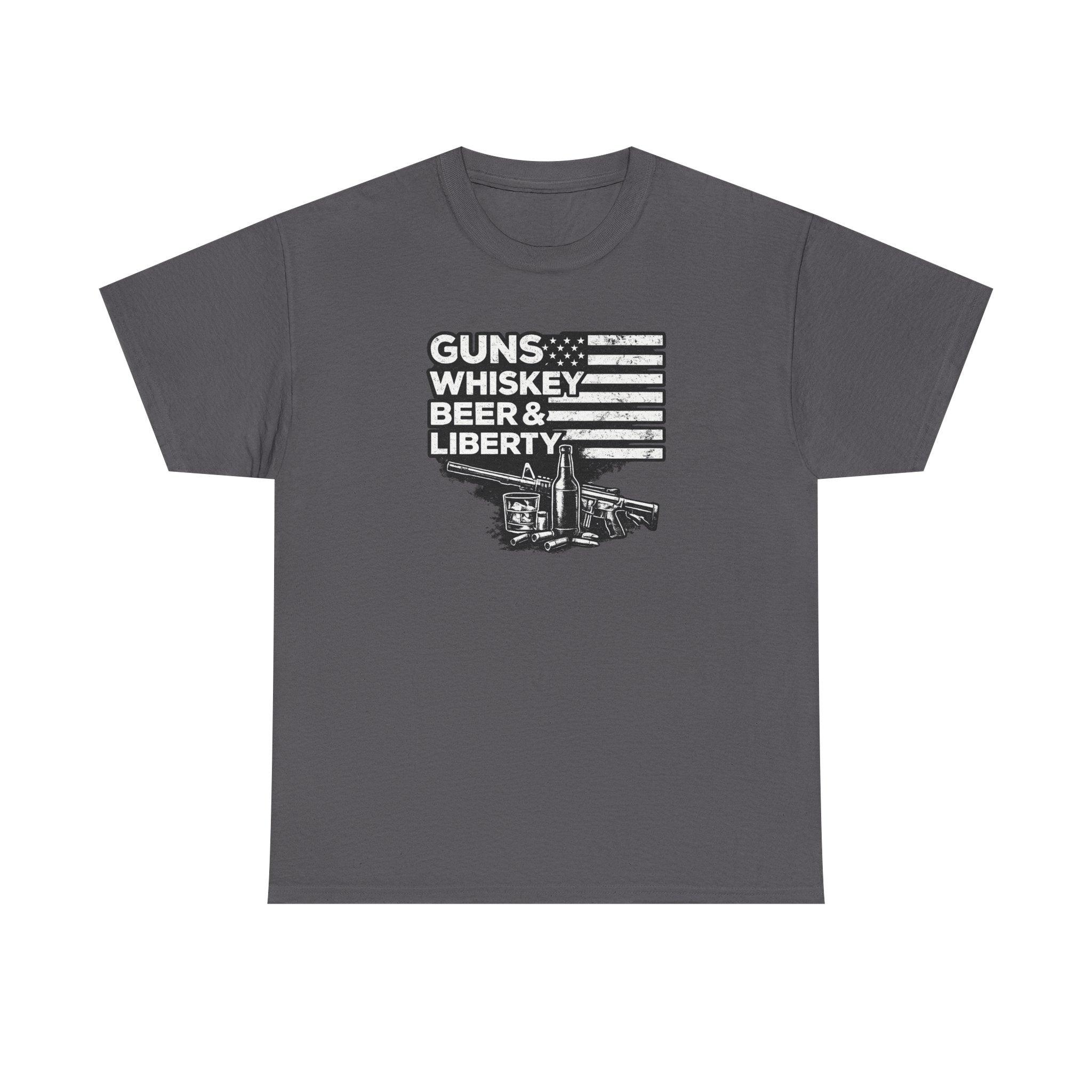 T-Shirt — "Guns, Whiskey, Beer & Liberty" Vintage Americana Design