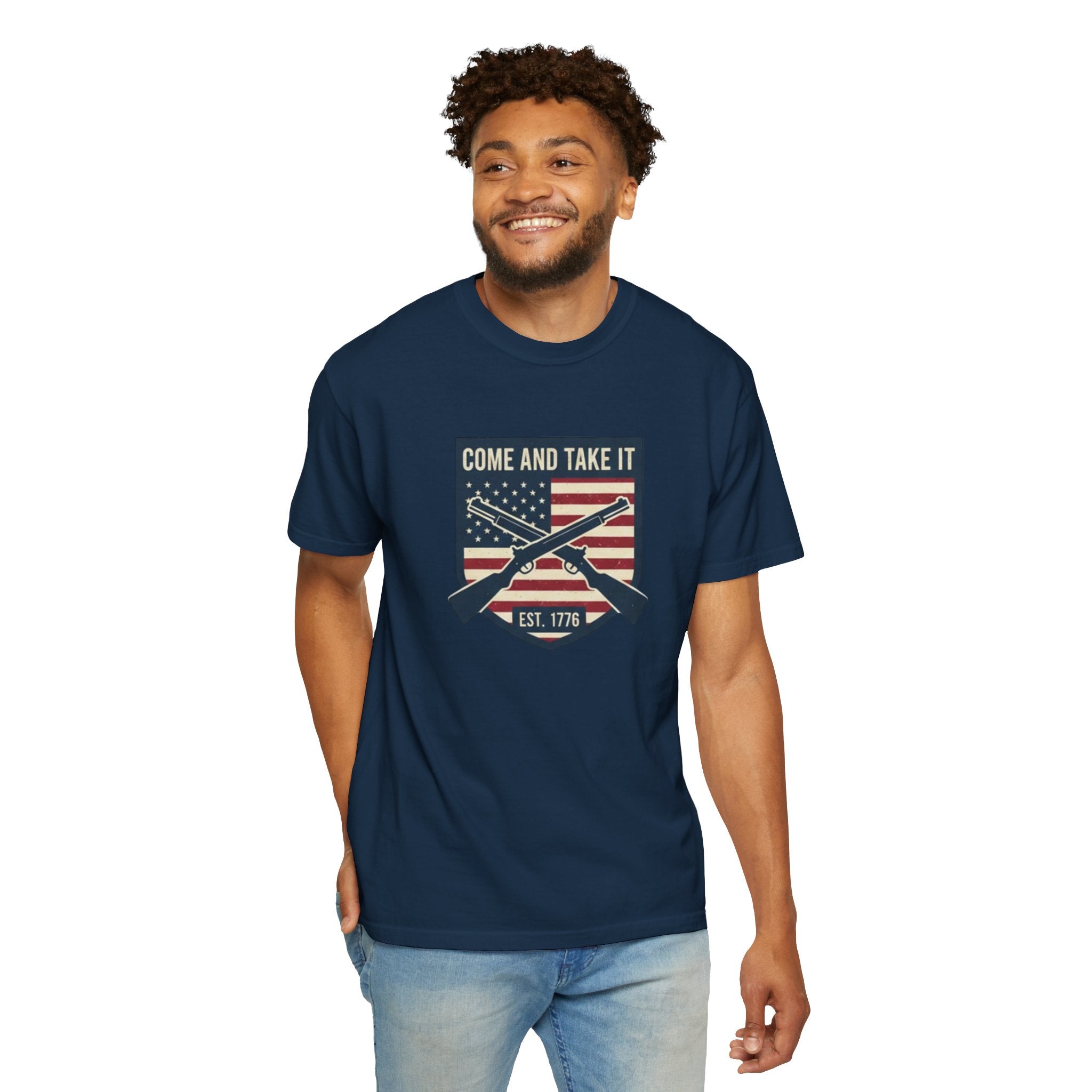 Come and Take It T-Shirt — American Flag Rifle Badge Tee